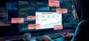 Ilustración que representa prácticas de Black Hat SEO manipulando los resultados de búsqueda.