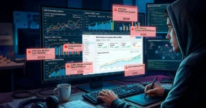 Ilustración que representa prácticas de Black Hat SEO manipulando los resultados de búsqueda.