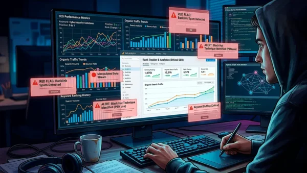 Ilustración que representa prácticas de Black Hat SEO manipulando los resultados de búsqueda.