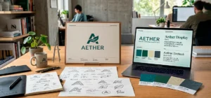 Concepto de branding con elementos de identidad de marca como logotipo, paleta de colores y diseño creativo en un espacio de trabajo.