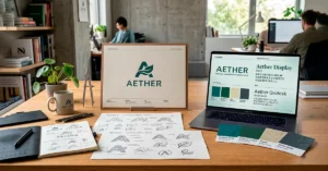 Concepto de branding con elementos de identidad de marca como logotipo, paleta de colores y diseño creativo en un espacio de trabajo.