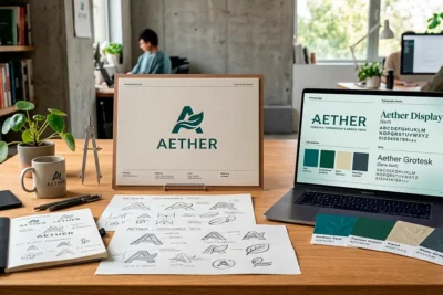 Concepto de branding con elementos de identidad de marca como logotipo, paleta de colores y diseño creativo en un espacio de trabajo.