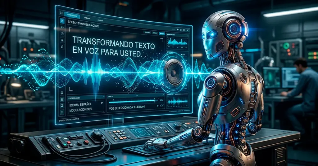 Ilustración de un sistema de voz digital representando cómo funciona la tecnología Loquendo de texto a voz.