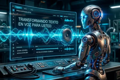 Ilustración de un sistema de voz digital representando cómo funciona la tecnología Loquendo de texto a voz.