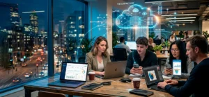 Personas utilizando aplicaciones SaaS en la nube desde distintos dispositivos conectados a internet.