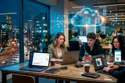 Personas utilizando aplicaciones SaaS en la nube desde distintos dispositivos conectados a internet.