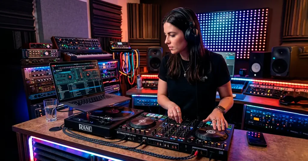 DJ mezclando música en una laptop con el software Virtual DJ abierto en la pantalla.