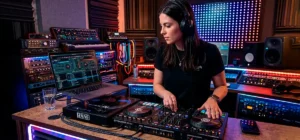 DJ mezclando música en una laptop con el software Virtual DJ abierto en la pantalla.