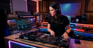 DJ mezclando música en una laptop con el software Virtual DJ abierto en la pantalla.