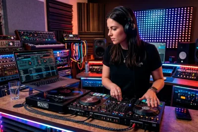 DJ mezclando música en una laptop con el software Virtual DJ abierto en la pantalla.