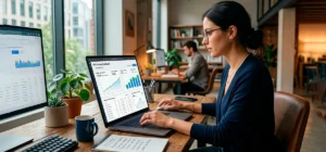 Persona trabajando en estrategias de White Hat SEO en una computadora con gráficos de crecimiento