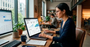 Persona trabajando en estrategias de White Hat SEO en una computadora con gráficos de crecimiento