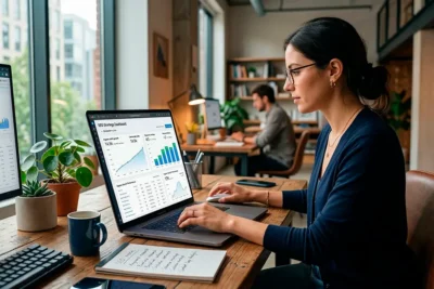 Persona trabajando en estrategias de White Hat SEO en una computadora con gráficos de crecimiento