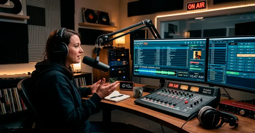 Software ZaraRadio funcionando en un estudio de radio digital con micrófono y consola de audio.
