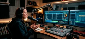 Software ZaraRadio funcionando en un estudio de radio digital con micrófono y consola de audio.