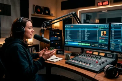 Software ZaraRadio funcionando en un estudio de radio digital con micrófono y consola de audio.