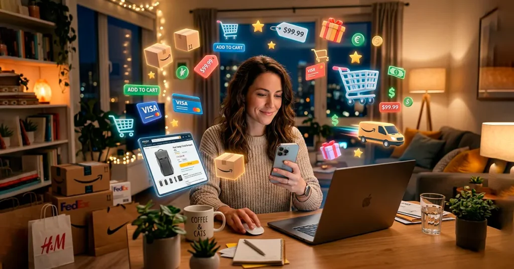 Persona comprando en línea desde laptop y smartphone con elementos digitales de ecommerce alrededor