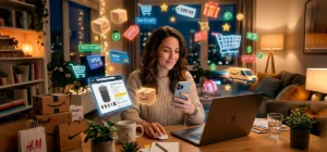 Persona comprando en línea desde laptop y smartphone con elementos digitales de ecommerce alrededor