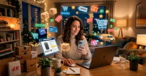 Persona comprando en línea desde laptop y smartphone con elementos digitales de ecommerce alrededor
