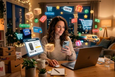 Persona comprando en línea desde laptop y smartphone con elementos digitales de ecommerce alrededor