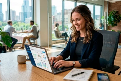 Emprendedor trabajando en su negocio con actitud positiva y enfoque profesional