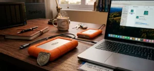 Ilustración de una copia de seguridad digital con computadora conectada a almacenamiento en la nube y disco duro externo.