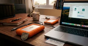 Ilustración de una copia de seguridad digital con computadora conectada a almacenamiento en la nube y disco duro externo.