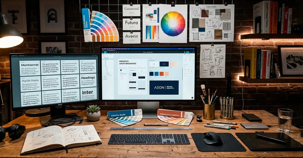 Mesa de trabajo de diseño gráfico con computadora, herramientas creativas y elementos visuales