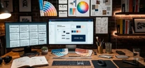 Mesa de trabajo de diseño gráfico con computadora, herramientas creativas y elementos visuales