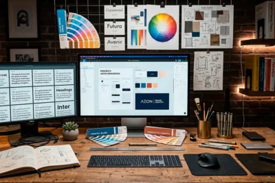 Mesa de trabajo de diseño gráfico con computadora, herramientas creativas y elementos visuales