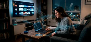 Persona rodeada de dispositivos inteligentes con representación visual de recopilación de datos digitales.