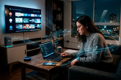 Persona rodeada de dispositivos inteligentes con representación visual de recopilación de datos digitales.