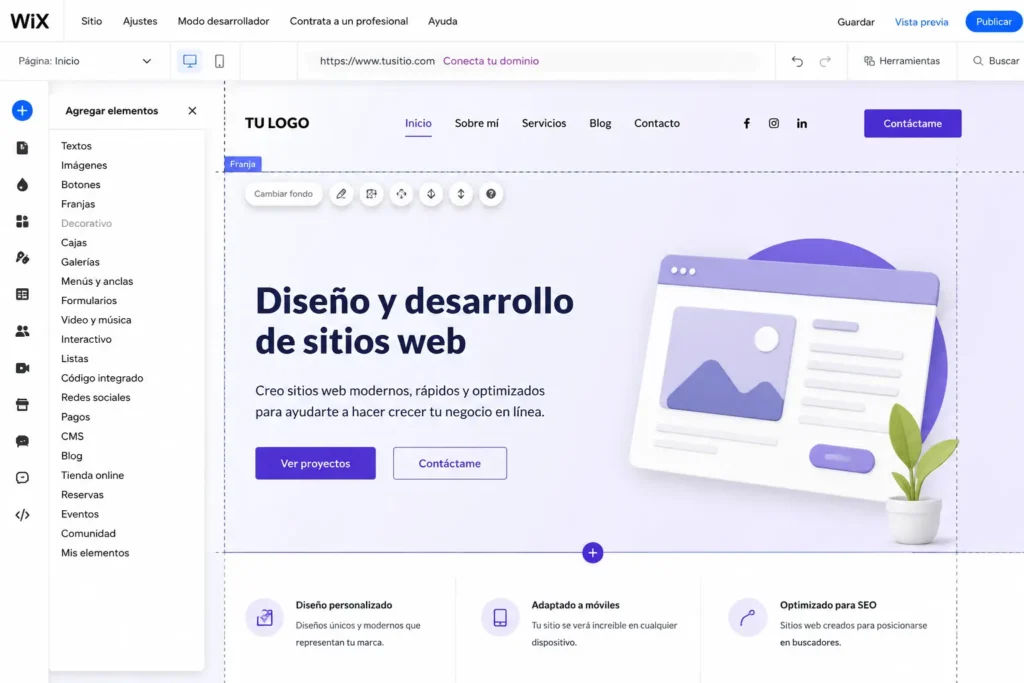 Interfaz del editor visual de Wix para crear páginas web
