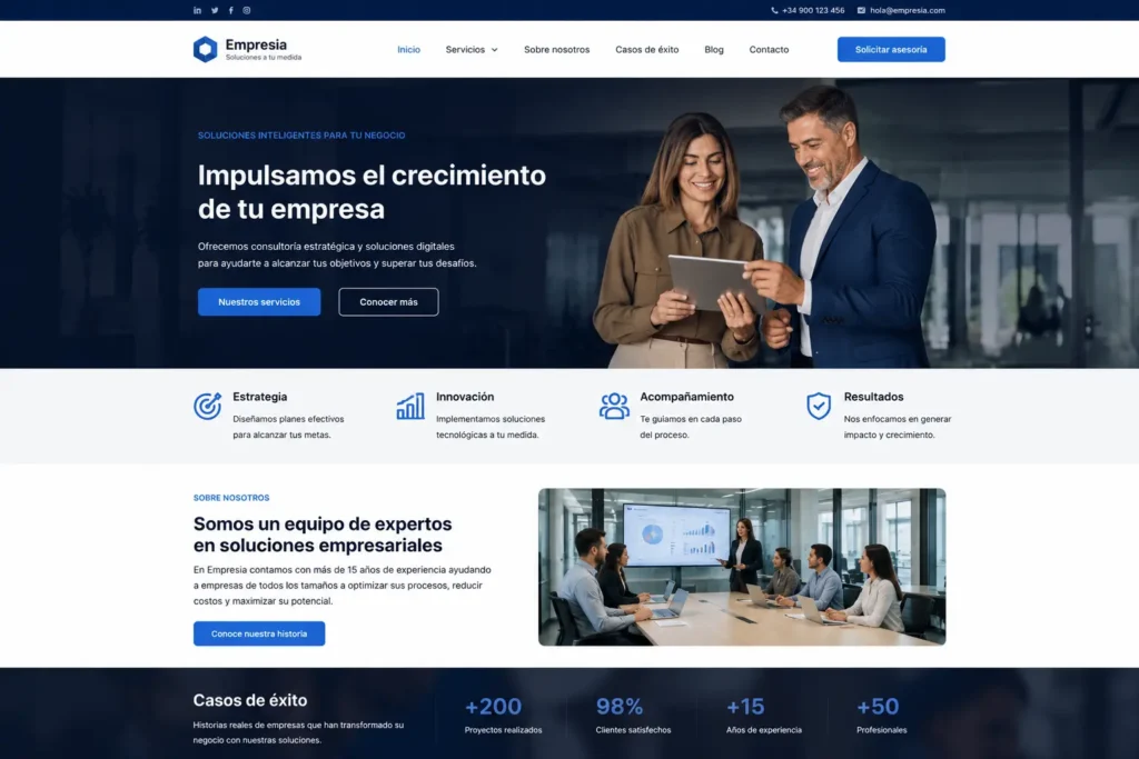 Ejemplo de página web completa con varias secciones y navegación
