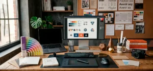 Elementos principales del diseño gráfico representados con colores, formas, tipografía y composición visual