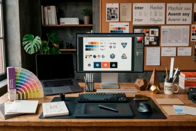 Elementos principales del diseño gráfico representados con colores, formas, tipografía y composición visual