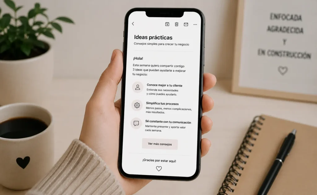 Diseño simple de email marketing visto desde un teléfono móvil