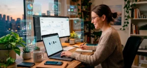 Persona gestionando un negocio de ventas por Internet desde una laptop en un entorno moderno