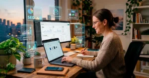 Persona gestionando un negocio de ventas por Internet desde una laptop en un entorno moderno