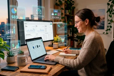 Persona gestionando un negocio de ventas por Internet desde una laptop en un entorno moderno