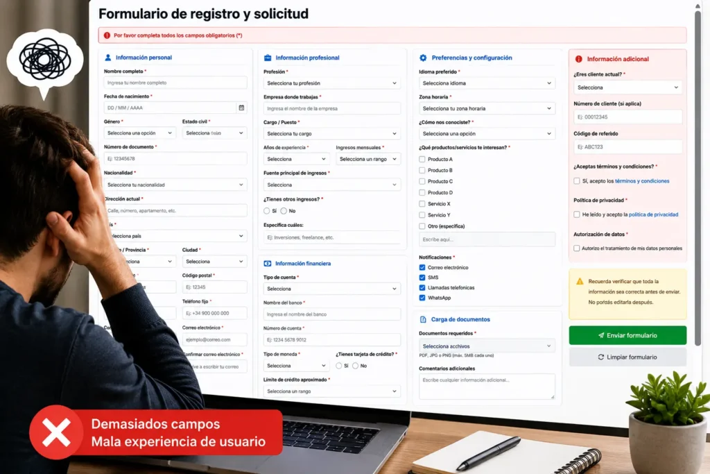 Ejemplo de formulario web con demasiados campos y mala experiencia