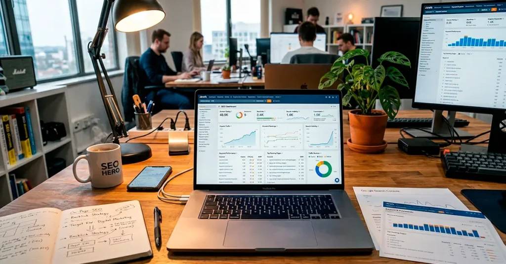 Pantalla con análisis de palabras clave y métricas SEO en una computadora portátil