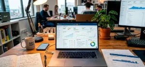 Pantalla con análisis de palabras clave y métricas SEO en una computadora portátil