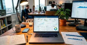 Pantalla con análisis de palabras clave y métricas SEO en una computadora portátil