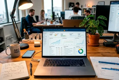 Pantalla con análisis de palabras clave y métricas SEO en una computadora portátil