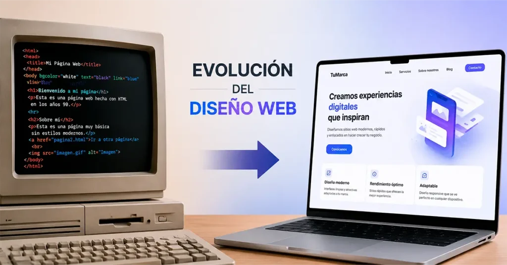 Comparación entre una página web antigua en HTML y un diseño web moderno