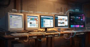 Evolución del diseño web desde páginas antiguas hasta interfaces modernas y responsivas