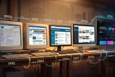 Evolución del diseño web desde páginas antiguas hasta interfaces modernas y responsivas