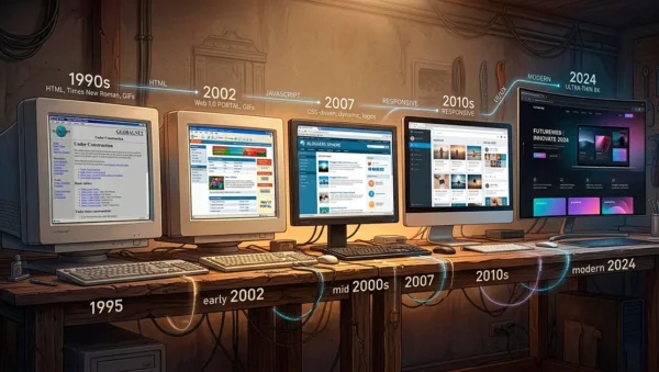 Evolución del diseño web desde páginas antiguas hasta interfaces modernas y responsivas