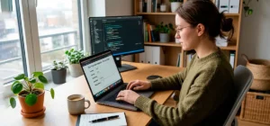 Persona completando un formulario digital en una laptop en un entorno moderno